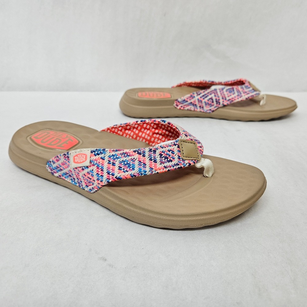 Hey Dude Christi Flip Surf Baja Sandals 43619-4UZ Tan Blue Pink Womens Size 6